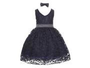 Little Girls Navy Rose Floral Lace Overlay Beaded Waist Occasion Dress 3T