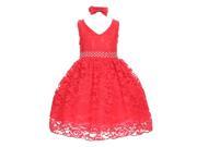 Little Girls Red Rose Floral Lace Overlay Beaded Waist Occasion Dress 2T