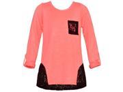 Mini Moca Big Girls Neon Peach Black Lace Hem Pocket Long Sleeve Top 7 8