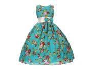 Little Girls Teal Red Rose Print Bow Attached Flower Girl Dress 4