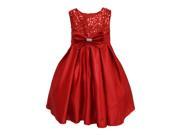 Little Girls Red Sequin Adorned Satin Pleated Bow Accented Party Dress 3T