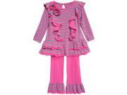 Baby Girls Pink Grey Striped Floral Detail Ruffle Trims 2 Pc Pant Outfit 6M