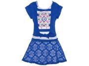 Little Girls Cobalt Blue Stripe Flower Lace Skirt Cardigan Top Outfit 4