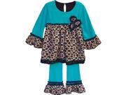 Little Girls Turquoise Brown Leopard Spot Floral Accent Trim 2 Pc Pant Set 6X