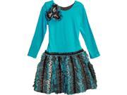 Little Girls Turquoise Brown Trimmed Skirt Floral Accent Party Dress 6X