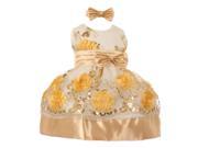 Little Girls Gold Ivory Floral Sequin Embroidered Bow Flower Girl Dress 3T