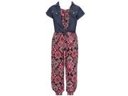 Little Girls Coral Floral Printed Denim Shirt 2 Pc Jumpsuit Outfit 5
