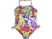Big Girls White Multi Colored Floral Print Ruffles One Piece Swimsuit 7 8
