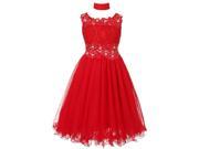 Big Girls Red Lace Mesh Rhinestone Wired Flower Girl Dress 8