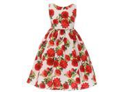 Little Girls Ivory Red Rose Pattern Stretch Poplin Flower Girl Dress 6