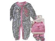 Buster Brown Pink Leopard Spotted Bodysuit Hat Booties 3 Pc Layette Set 3 6M