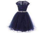 Big Girls Navy Sequin Lace Tulle Bejeweled Junior Bridesmaid Dress 14
