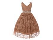 Big Girls Mocha Dotted Waist Lace Floral Adorned Junior Bridesmaid Dress 10