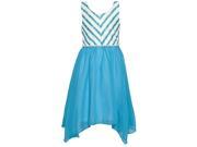 Little Girls Turquoise Chevron Stripe Pearly Bead Angled Hem Dress 6X