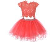 Big Girls Coral Lace Top Tulle Rhinestone 2 Pc Skirt Outfit 14