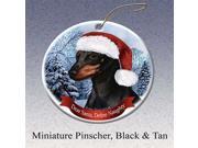 Holiday Pet Gifts Min Pin Black and Tan Santa Hat Dog Porcelain Christmas Tree Ornament
