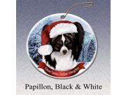 Holiday Pet Gifts Papillon Blk Wht Santa Hat Dog Porcelain Christmas Tree Ornament
