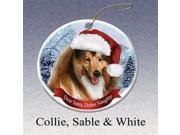 Holiday Pet Gifts Collie Sable White Santa Hat Dog Porcelain Christmas Tree Ornament