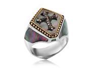 Men s Gold Plated Diamond Mother Of Pearl Cross Signet Ring