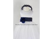 White Flower Girl Dress with Blue Navy FL for Wedding Easter Pageant Party Birthday Girl