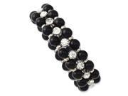 Silver Tone Black Beads Clear Glass Stones Stretch Bracelet