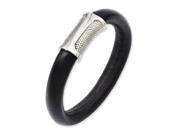 Stainless Steel Black Leather Textured 8.5in Bracelet