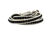 Sterling Silver 4mm Onyx Beads White Leather Multi Wrap Bracelet