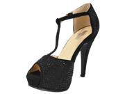 Chicastic Rhinestone Pumps T Strap Peep Toe 4.5 High Heel Shoes Black 6.5