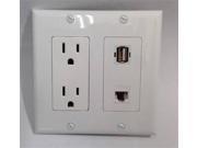 CERTICABLE CUSTOM WHITE DOUBLE GANG WALL PLATE 2 x 110V POWER OUTLET CAT6 RJ45 USB 2.0
