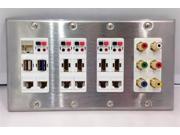CERTICABLE QUAD SIZE STAINLESS STEEL WHITE CUSTOM WALL PLATE 6 CAT6 CAT6A 4 HDMI USB 2.0 USB 3.0 6 RCA 5 SPEAKER PORTS PLUG PLAY