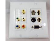 CERTICABLE 5 RCA USB 2 HDMI 1.4 1 TOSLINK 1 VGA CUSTOM WHITE DOUBLE GANG WALL PLATE