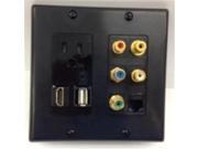 Certicable Custom Designed Black Wall Plate 110V POWER OUTLET HDMI 1.4 USB 2.0 CAT5E RJ45 5 RCA PORTS