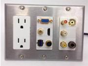 CERTICABLE STAINLESS WHITE TRIPLE GANG WALL PLATE 3 RCA 1 3.5mm 1 110V POWER 1 1 4 STEREO 1 COAX 1 VGA 1 HDMI 1 USB