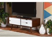 Armani Mid century Modern Dark Walnut and White Two tone Finish 2 drawer with Sliding Door Wood TV Cabinet