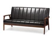 Baxton Studio Nikko Mid century Modern Scandinavian Style Black Faux Leather Wooden 3 Seater Sofa