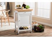 Baxton Studio Fermont Modern and Contemporary Thick Wood Top Rolling Kitchen Cart with Towel Rack and Built in Wine Rack