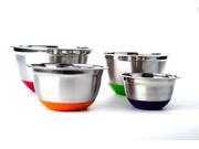 4 Pc Stainless Steel Mixing Bowls w Non Skid Flat Base Flat Rim Multi color Bottom