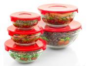 5 Pc Nesting Glass Bowls Travel Food Container Set Lunch Bowls w Red Lids Apple Design