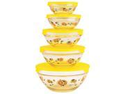 5 Pc Glass Bowls w Yellow Lids Food Storage Containers Lunch Bowls Sunflower Design