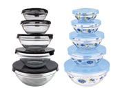10 Pc Glass Lunch Bowls Glass Food Storage Containers Set w Lids 2 Pack Black Lids Blue Flowers