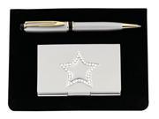 Silver Plated Crystal Enamel Executive Pen Business Card Case With Star Gift Box 6 3 4 x 5 3 4 x 1 1 2