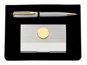 Silver Gold White Silver Pen And Card Case With Gold Emblem Set