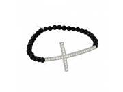 925 Sterling Silver Onyx Bead And Cubic Zirconia Cross Stretch Bracelet