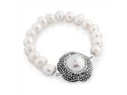 925 Sterling Silver Freshwater Pearl On Rhodium Plated Stretch Bracelet