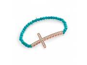925 Sterling Silver Rose Gold Plated Large Cubic Zirconia Cross On Synthetic Turquoise Bead Stretch Bracelet