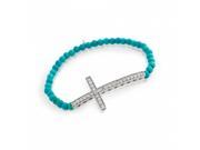 925 Sterling Silver Rhodium Plated Large Cubic Zirconia Cross On Synthetic Turquoise Bead Stretch Bracelet