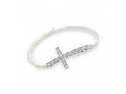925 Sterling Silver Rhodium Plated Large Cubic Zirconia Cross On Synthetic Pearl Stretch Bracelet