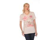 Round Neck Short Sleeves Printed Top Emballishe With Reinstone And Applique Beige Small