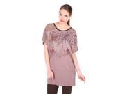 Round Neck Short Sleeves Floral Printed Tunic Embalishe With Reinstones Mocha Small