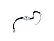 .925 Sterling Silver Rhodium Plated Large Evil Eye Clear Cubic Zirconia Black Cord Bracelet